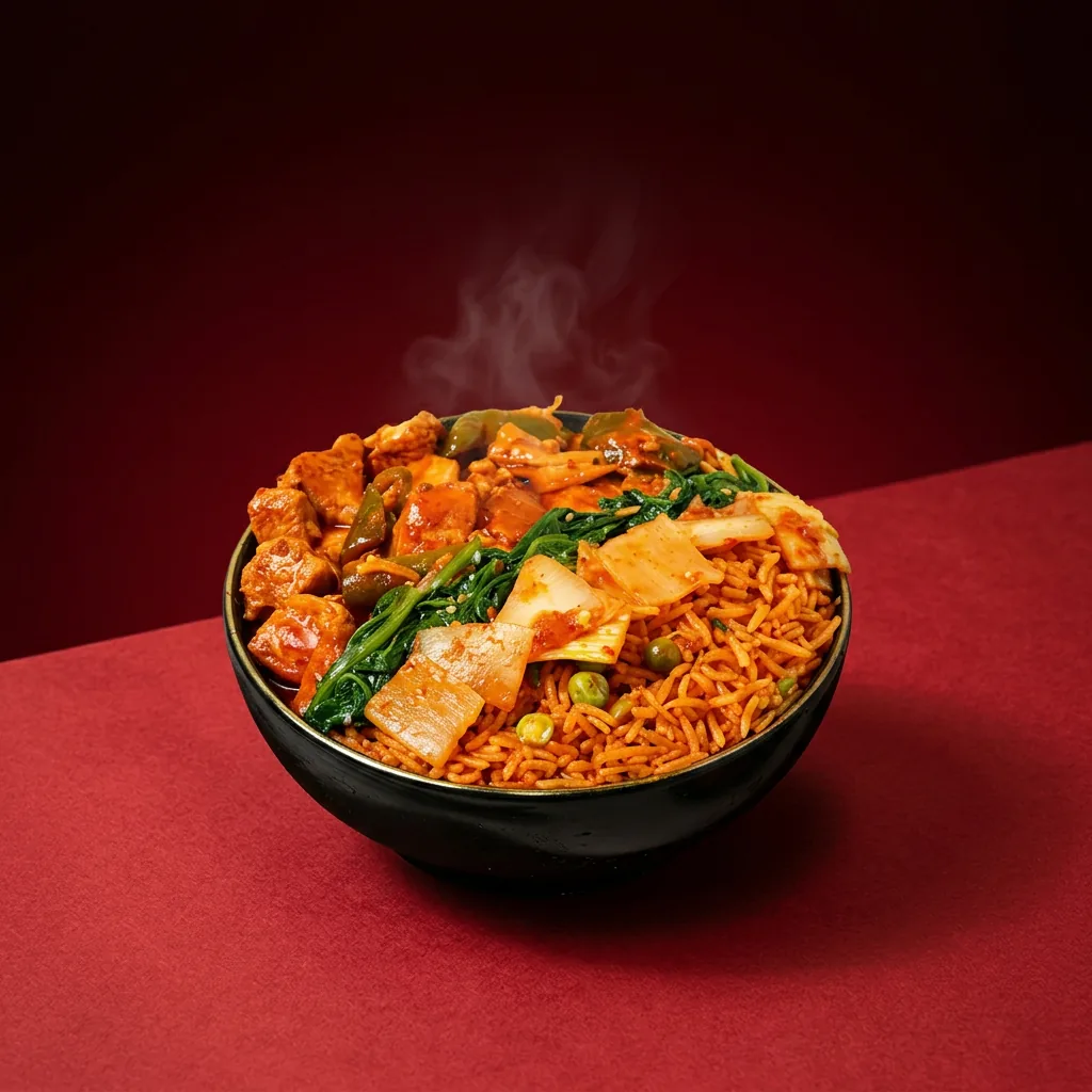 Korean kimchi chilli chicken bowl loaded with gochujang
