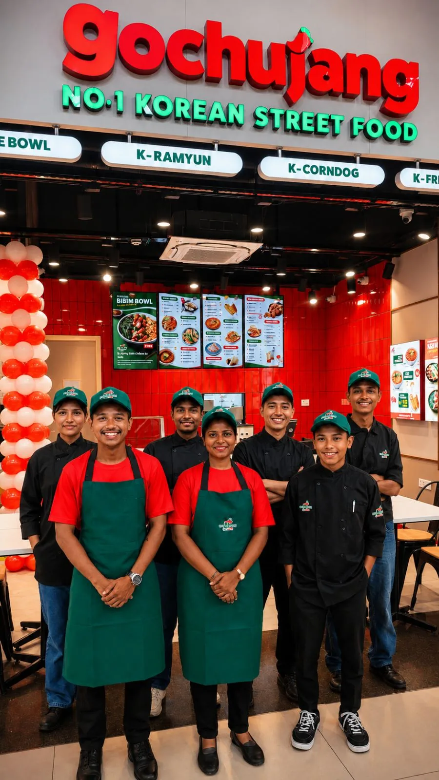 The Gochujang crew in red and green at an outlet opening