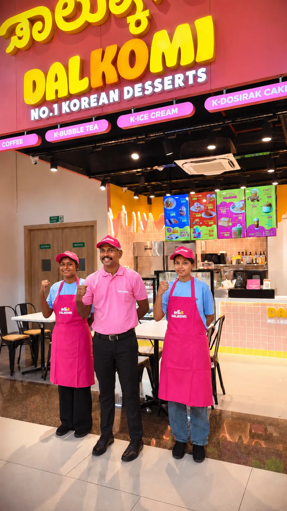 The Dalkomi crew in pink aprons in front of the store