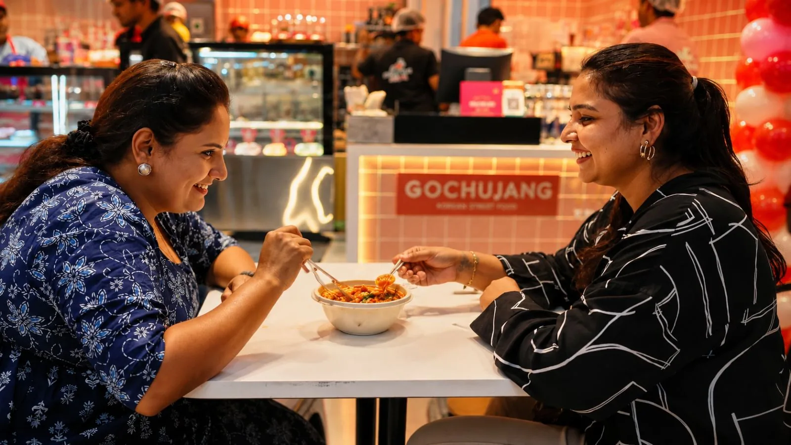 Two friends sharing a bowl of ramyun at a Gochujang outlet