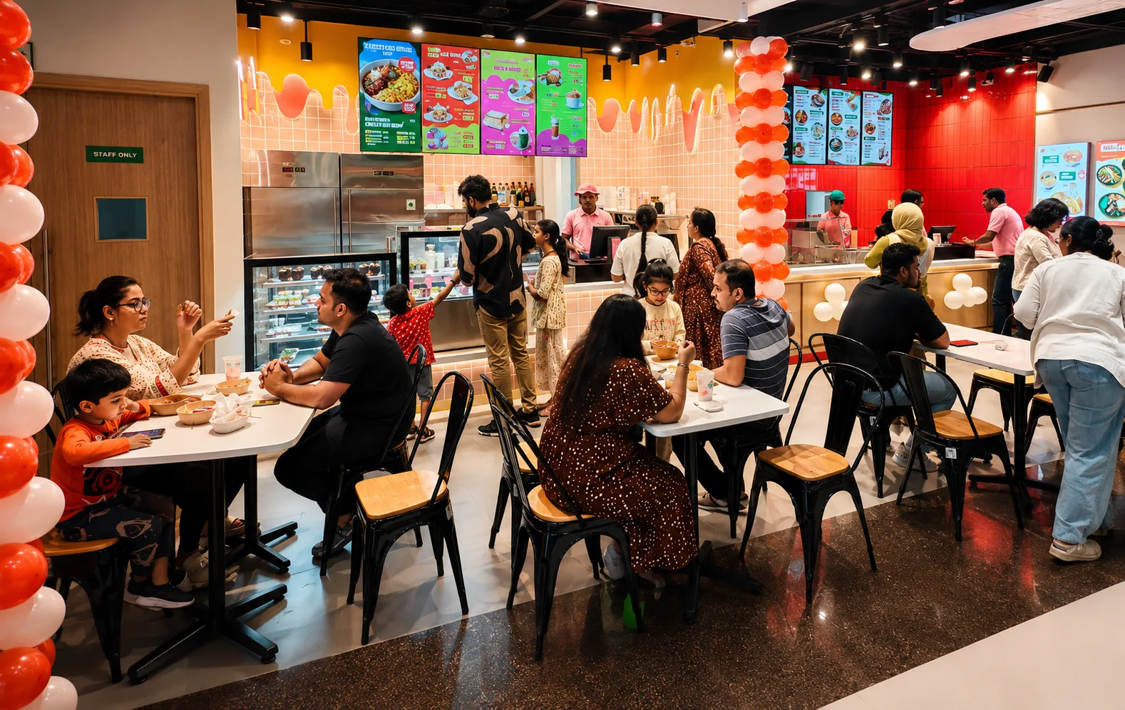 Inside a Gochujang outlet — families dining on Korean street food
