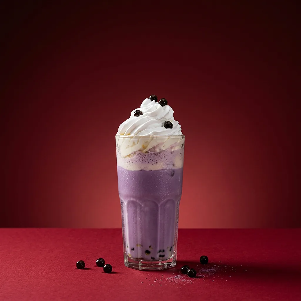 Taro bubble tea with whipped cream and tapioca pearls