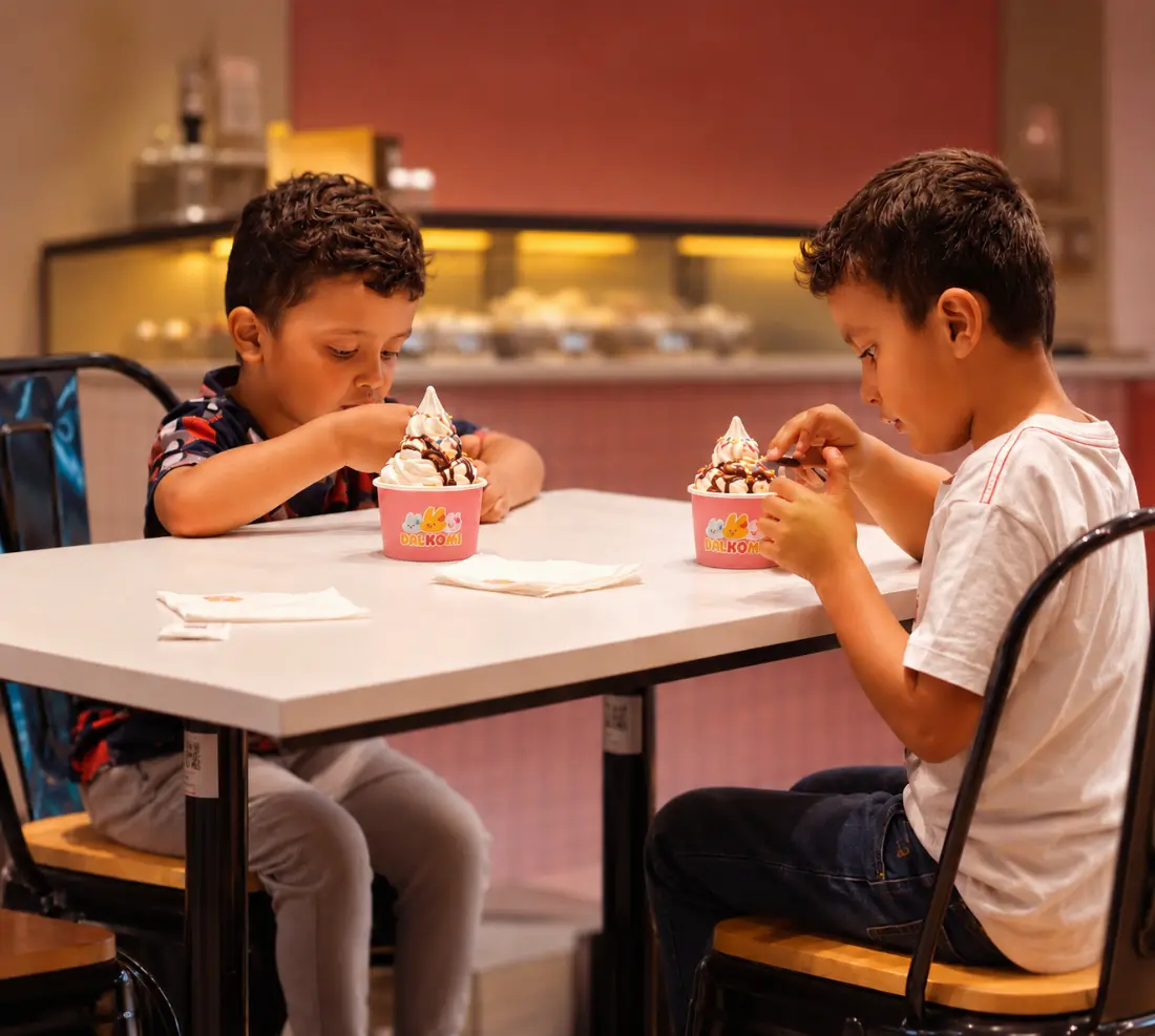 Two boys enjoying Dalkomi sundaes at a table