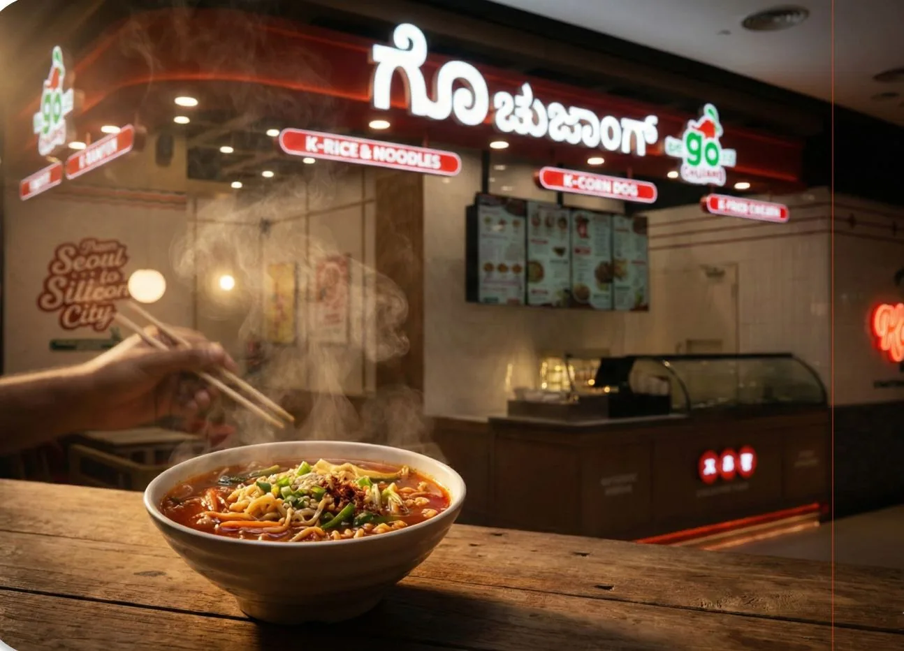 Steaming bowl of Korean ramyun in front of a Gochujang street outlet