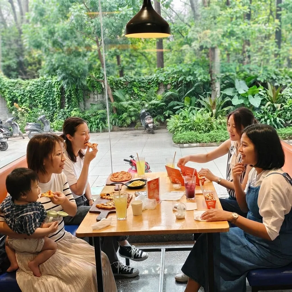 Friends dining at a GOPIZZA store in Seoul