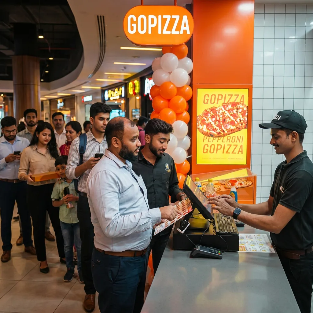 Customers queuing at a GOPIZZA store opening